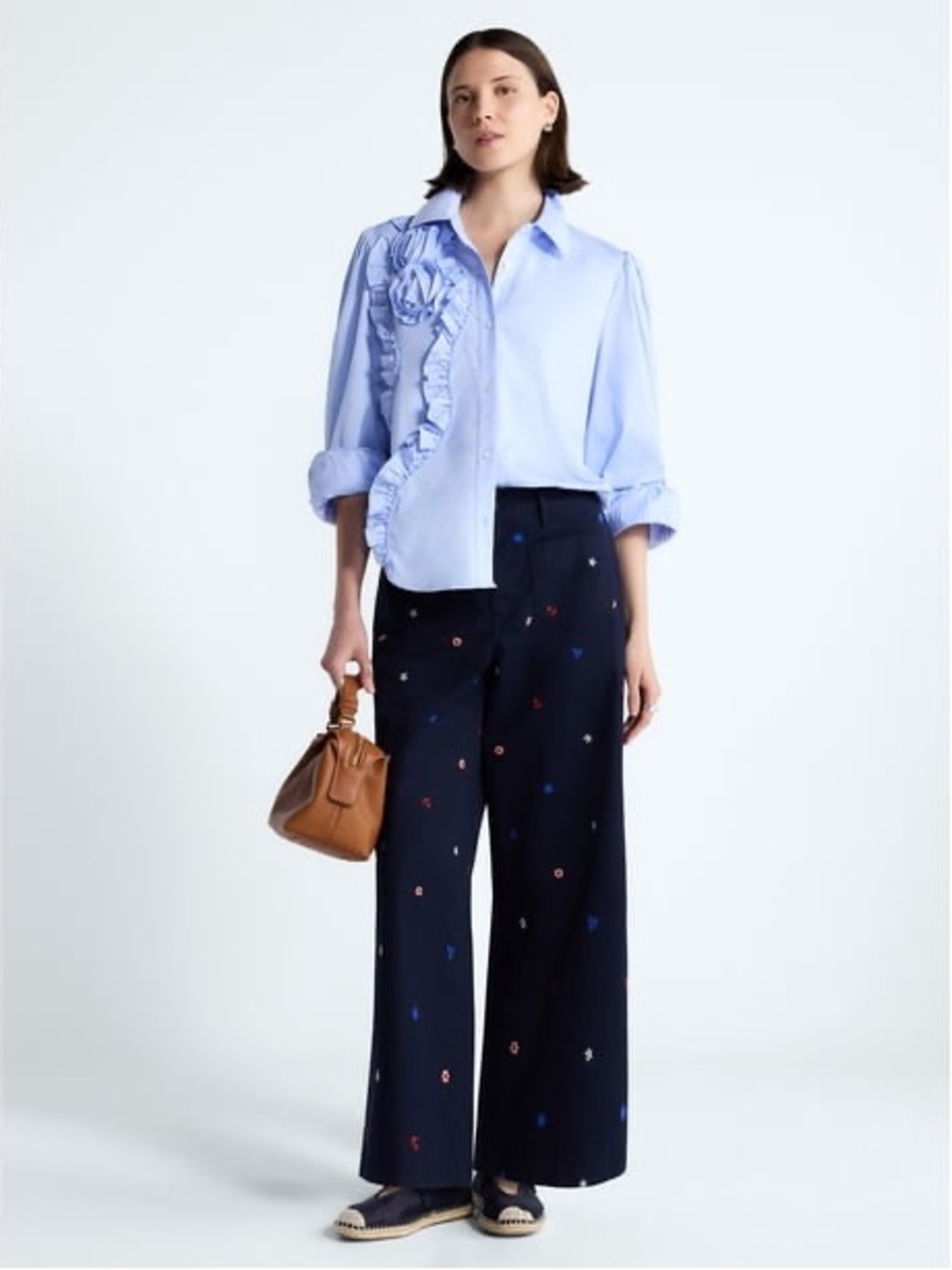 Navy Nautical Embroidered Wide-Leg Pants Size 8-10
